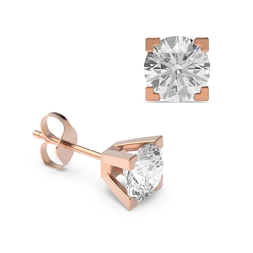 4 Prong Round Rose Gold boxed shaped square claw Diamond Earrings
