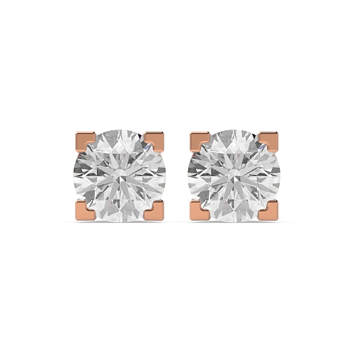4 Prong Round Rose Gold boxed shaped square claw Diamond Earrings