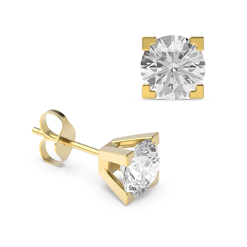 4 Prong Round Yellow Gold boxed shaped square claw Diamond Earrings