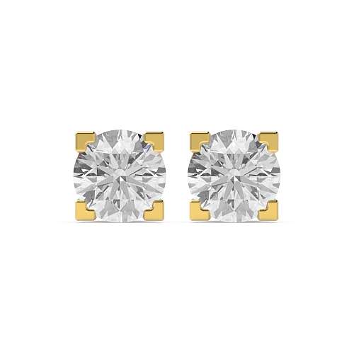 4 Prong Round Yellow Gold boxed shaped square claw Diamond Earrings