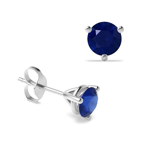 3 Prong Round claw Blue Sapphire Diamond Earrings