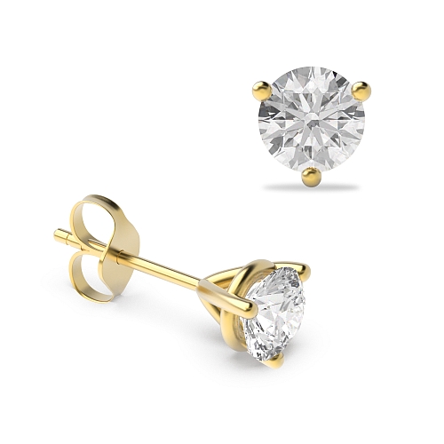 3 Prong Yellow Gold Round claw Diamond Earrings