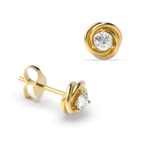 3 Prong Round Yellow Gold Twisted designer Stud Diamond Earrings