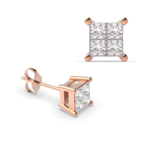 Pave Setting Princess Rose Gold Invisible set Stud Diamond Earrings