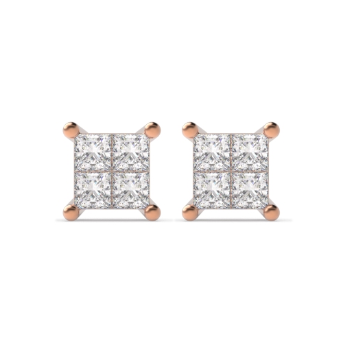 Pave Setting Princess Rose Gold Invisible set Stud Diamond Earrings
