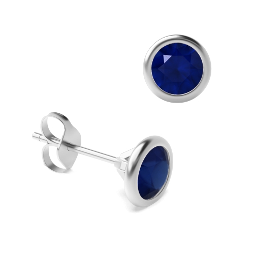 Open Rubover Setting Round Blue Sapphire Gemstone Stud Earrings