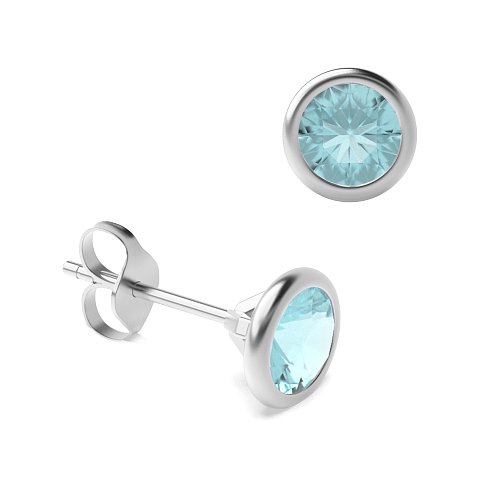 Bezel Setting Delicate Aquamarine Stud Diamond Earrings