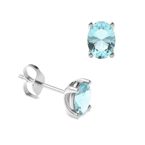 4 Prong Oval Shaped Aquamarine Stud Diamond Earrings