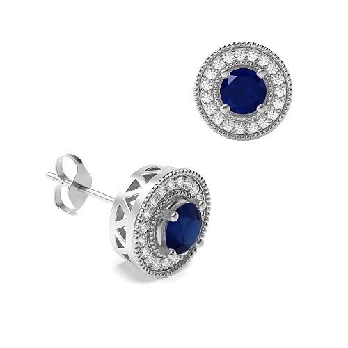 4 Prong Round Antique Blue Sapphire Diamond Earrings