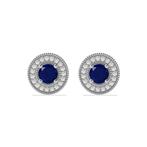 4 Prong Round Antique Blue Sapphire Diamond Earrings