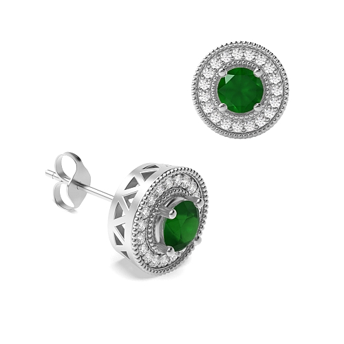 4 Prong Round Antique Emerald Diamond Earrings