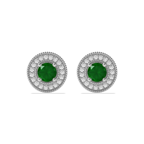 4 Prong Round Antique Emerald Diamond Earrings