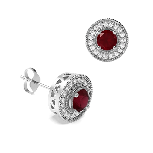 4 Prong Round Antique Ruby Diamond Earrings