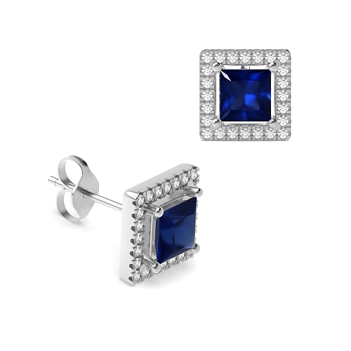4 Prong Princess Quad Blue Sapphire Diamond Earrings