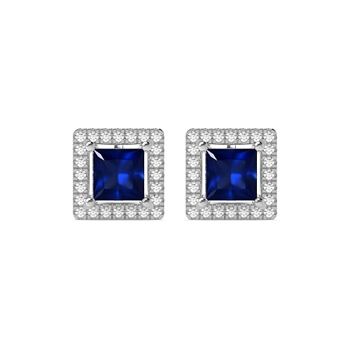 4 Prong Princess Quad Blue Sapphire Diamond Earrings