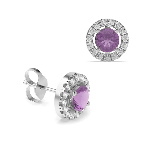 4 Prong Halo Amethyst Diamond Earrings