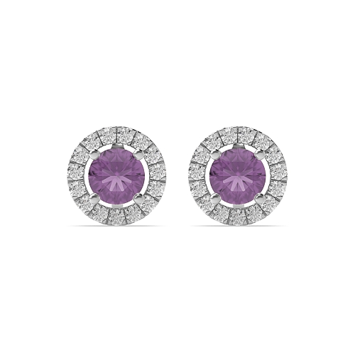 4 Prong Halo Amethyst Diamond Earrings