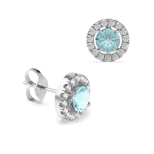 4 Prong Halo Aquamarine Stud Diamond Earrings