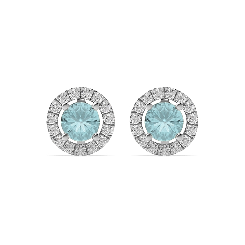 4 Prong Halo Aquamarine Stud Diamond Earrings