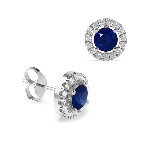 4 Prong Halo Blue Sapphire Diamond Earrings