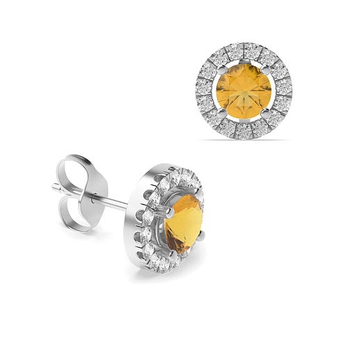 4 Prong Halo Citrine Stud Diamond Earrings