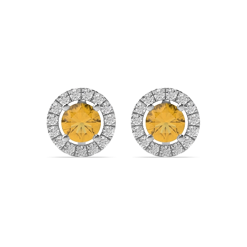 4 Prong Halo Citrine Stud Diamond Earrings