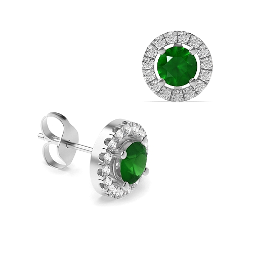 4 Prong Halo Emerald Diamond Earrings
