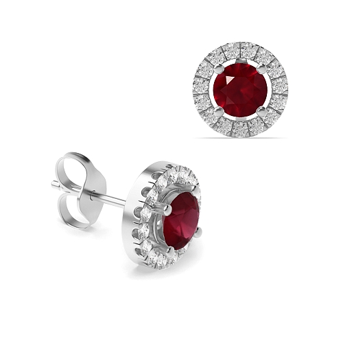 4 Prong Halo Ruby Diamond Earrings