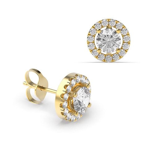 4 Prong Yellow Gold Halo Diamond Earrings