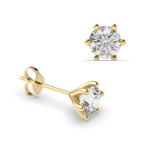 6 Prong Round Yellow Gold Open set Stud Diamond Earrings
