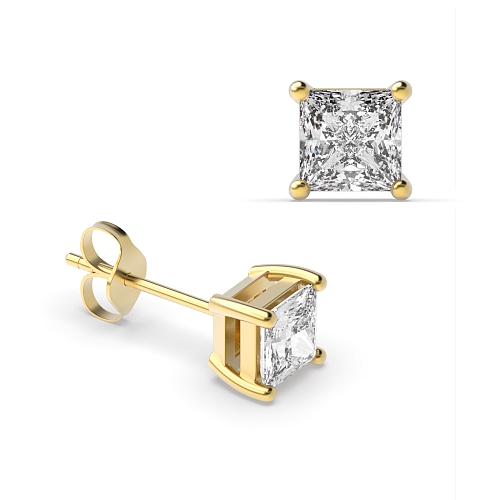 4 Prong Princess Yellow Gold Core Stud Diamond Earrings