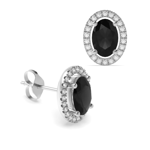 4 Prong Oval Halo Black Diamond Earrings