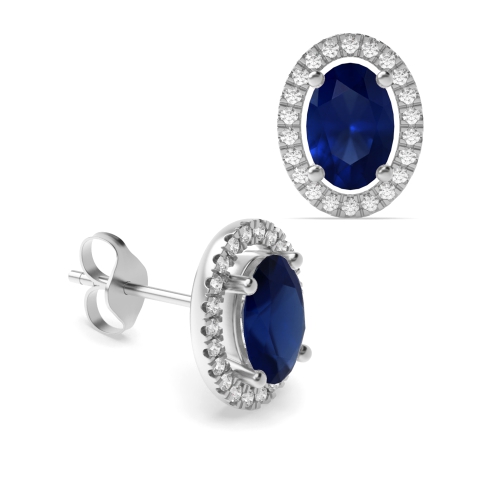 4 Prong Oval Halo Blue Sapphire Diamond Earrings
