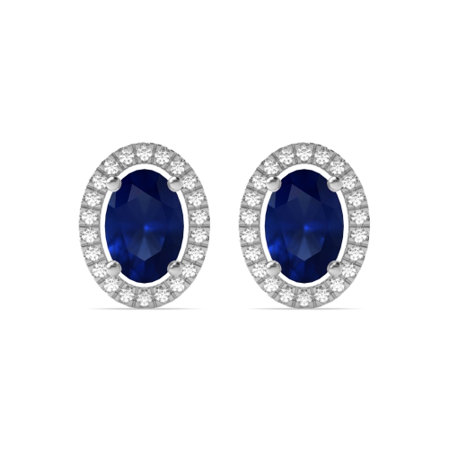 4 Prong Oval Halo Blue Sapphire Diamond Earrings