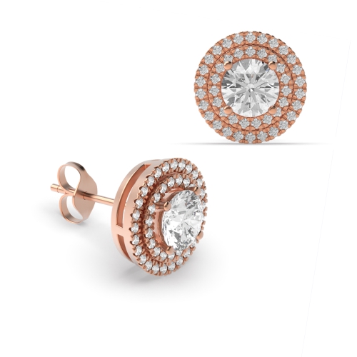4 Prong Round Rose Gold Two row Diamond Earrings