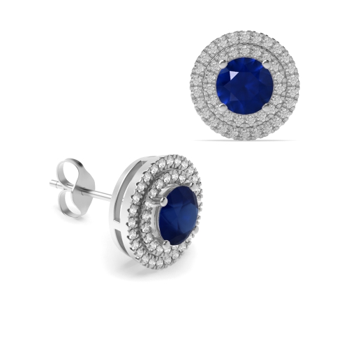 4 Prong Round Two row Blue Sapphire Diamond Earrings