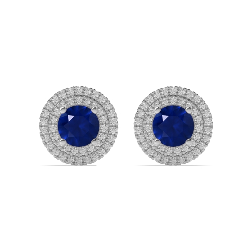 4 Prong Round Two row Blue Sapphire Diamond Earrings