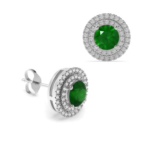 4 Prong Round Two row Emerald Diamond Earrings