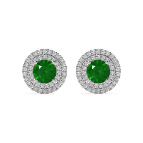 4 Prong Round Two row Emerald Diamond Earrings