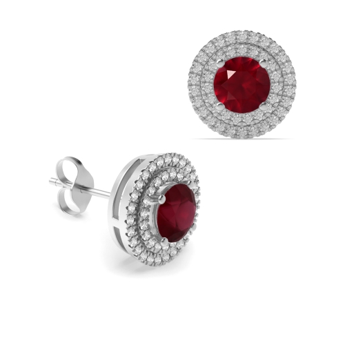 4 Prong Round Two row Ruby Diamond Earrings