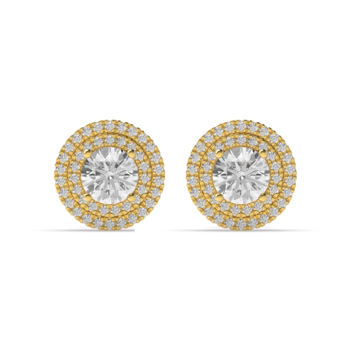 4 Prong Round Yellow Gold Two row Diamond Earrings