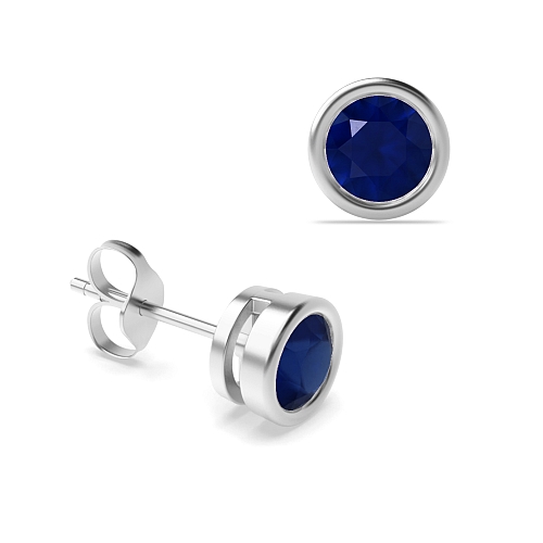 Bezel Setting Round contemporary Blue Sapphire Diamond Earrings