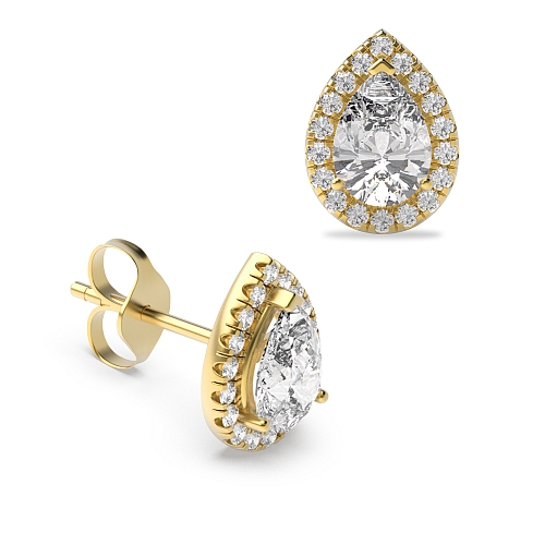 Prong Pear Yellow Gold Teardrop halo Diamond Earrings