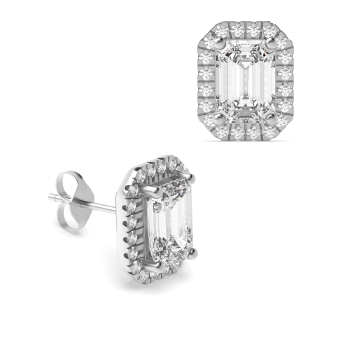 Emerald Shape Stud Halo Diamond Earrings Available in White, Yellow, Rose Gold and Platinum