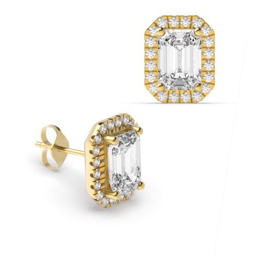 4 Prong Emerald Yellow Gold Stud Diamond Earrings