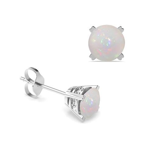4 Prong Round Hidden halo Opal Diamond Earrings