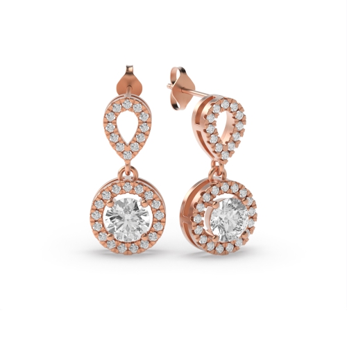 Round Shape Dangling Halo Stud Diamond Earrings Available in White, Yellow, Rose Gold and Platinum