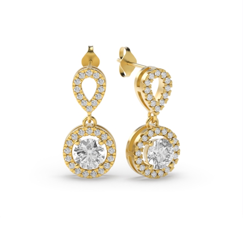 Round Shape Dangling Halo Stud Diamond Earrings Available in White, Yellow, Rose Gold and Platinum