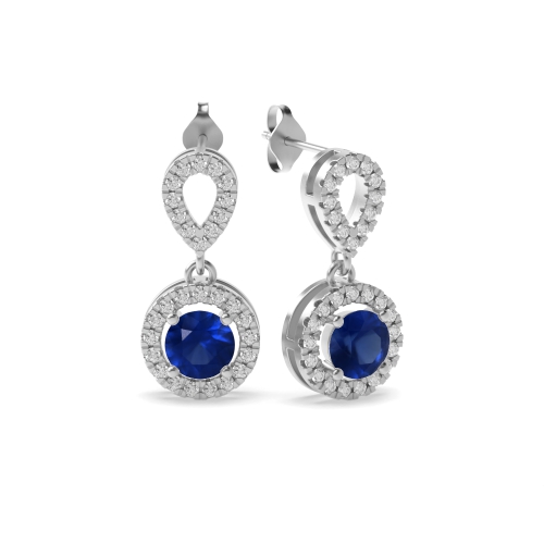 4 Prong Round Dangling Blue Sapphire Diamond Earrings