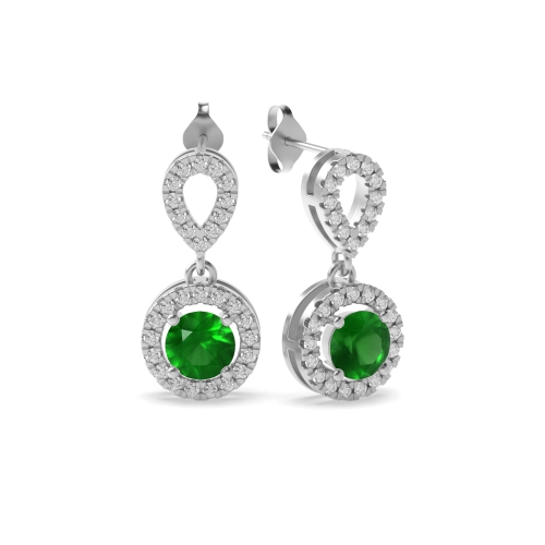 4 Prong Round Dangling Emerald Diamond Earrings